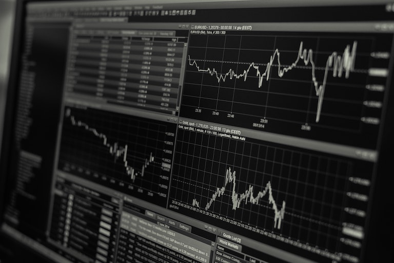 Black and white monitor with charts